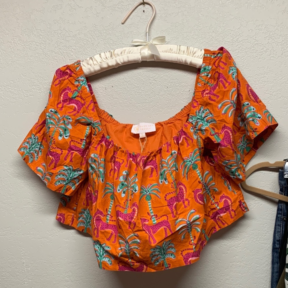 Sheridan French Tropical Orange Palm Tree Crop Top